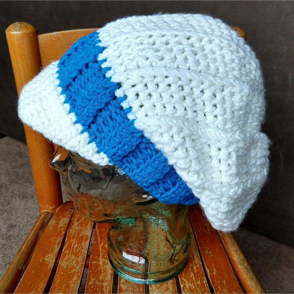 White Slouchy Hat with a Brim blue band crochet handmade OSFM ready to ship